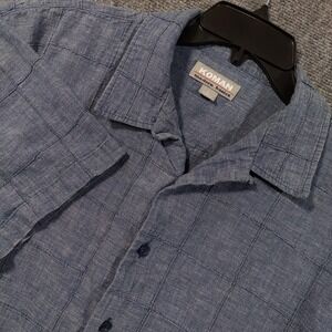 Koman Shirt Mens Large Blue Linen Cotton Short Sleeve Button Front Grid Textured